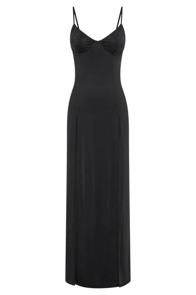 Women Meshki Dresses Jojo Jersey Split Maxi Dress With Diamante 8211 Black