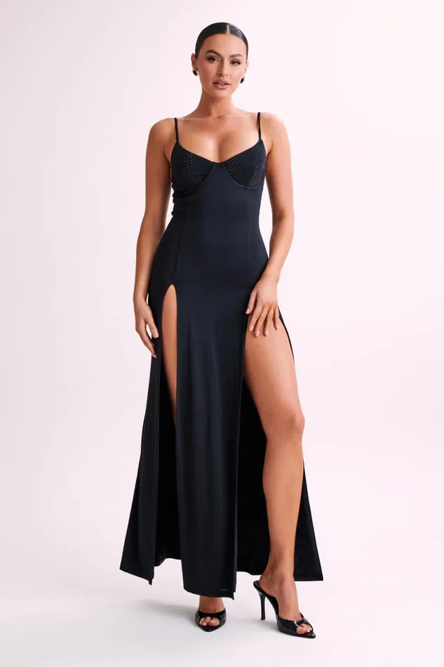 Women Meshki Dresses Jojo Jersey Split Maxi Dress With Diamante 8211 Black
