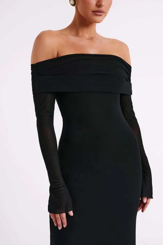 Women Meshki Dresses Josie Off Shoulder Mesh Maxi Dress 8211 Black
