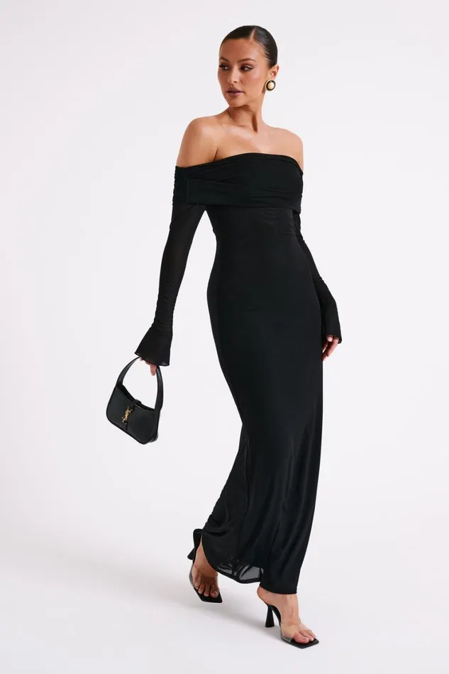 Women Meshki Dresses Josie Off Shoulder Mesh Maxi Dress 8211 Black