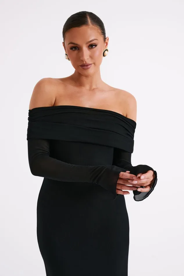 Women Meshki Dresses Josie Off Shoulder Mesh Maxi Dress 8211 Black