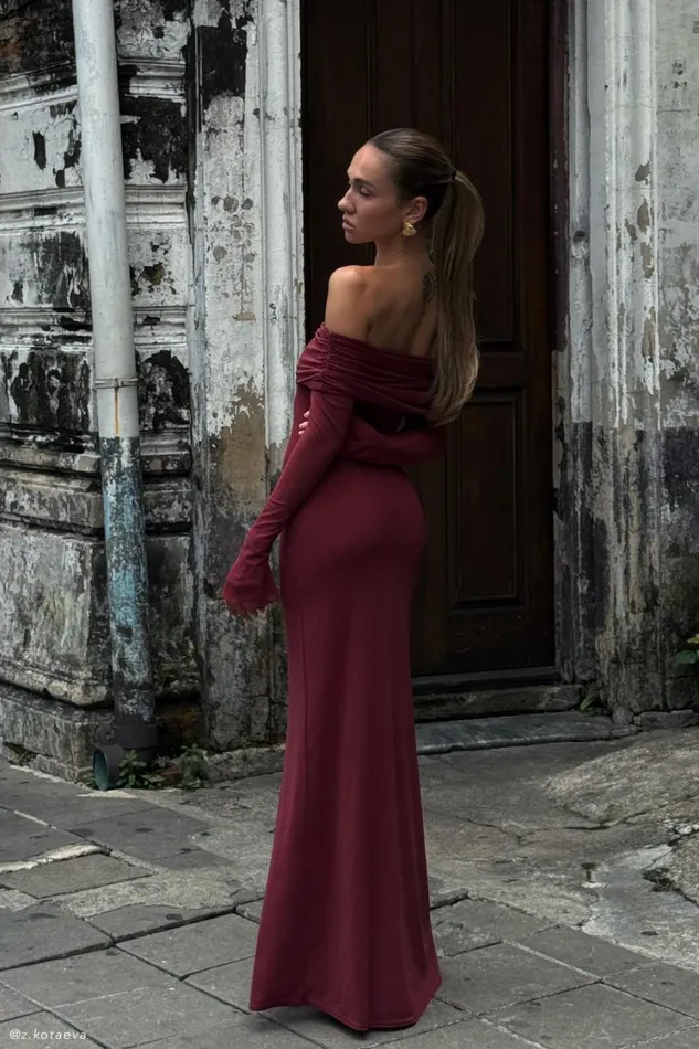 Women Meshki Dresses Josie Off Shoulder Mesh Maxi Dress 8211 Wine