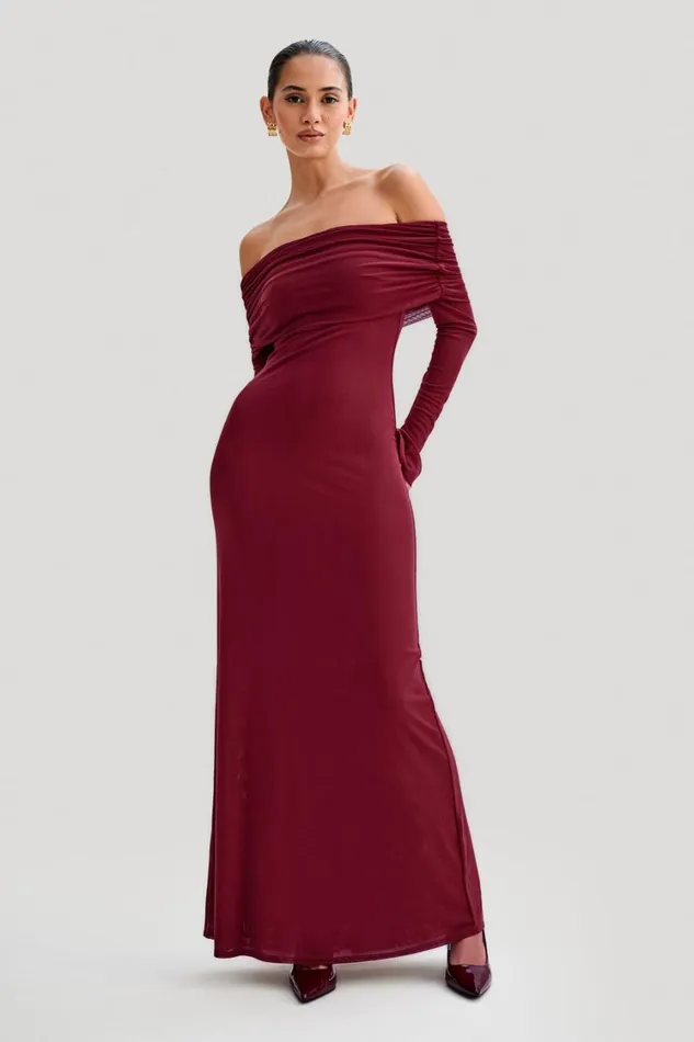 Women Meshki Dresses Josie Off Shoulder Mesh Maxi Dress 8211 Wine
