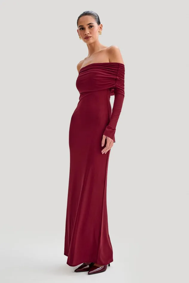 Women Meshki Dresses Josie Off Shoulder Mesh Maxi Dress 8211 Wine