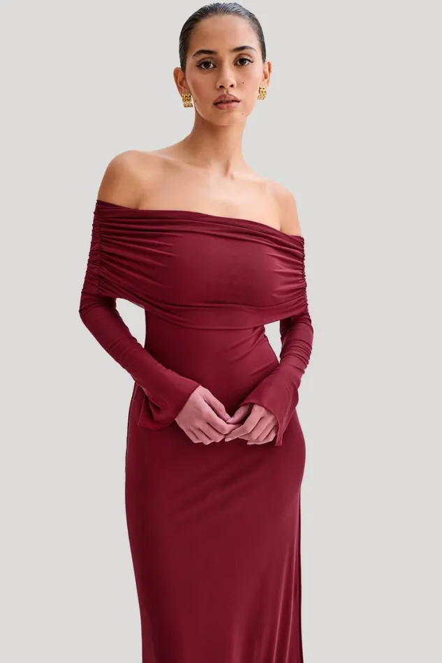 Women Meshki Dresses Josie Off Shoulder Mesh Maxi Dress 8211 Wine