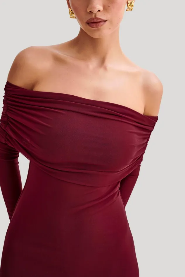 Women Meshki Dresses Josie Off Shoulder Mesh Maxi Dress 8211 Wine