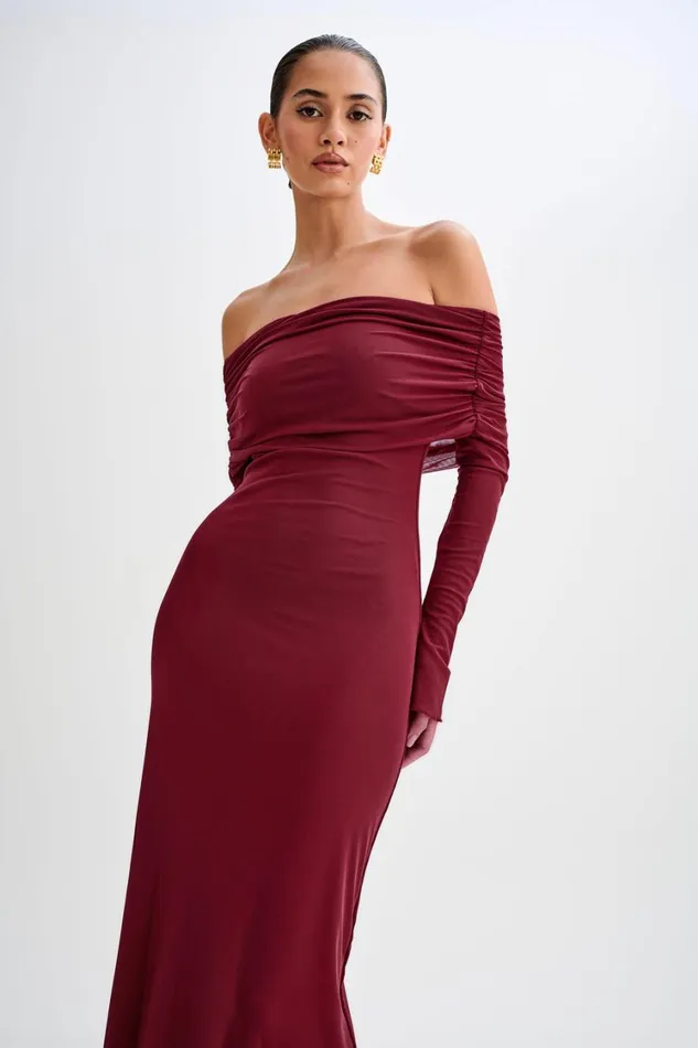 Women Meshki Dresses Josie Off Shoulder Mesh Maxi Dress 8211 Wine