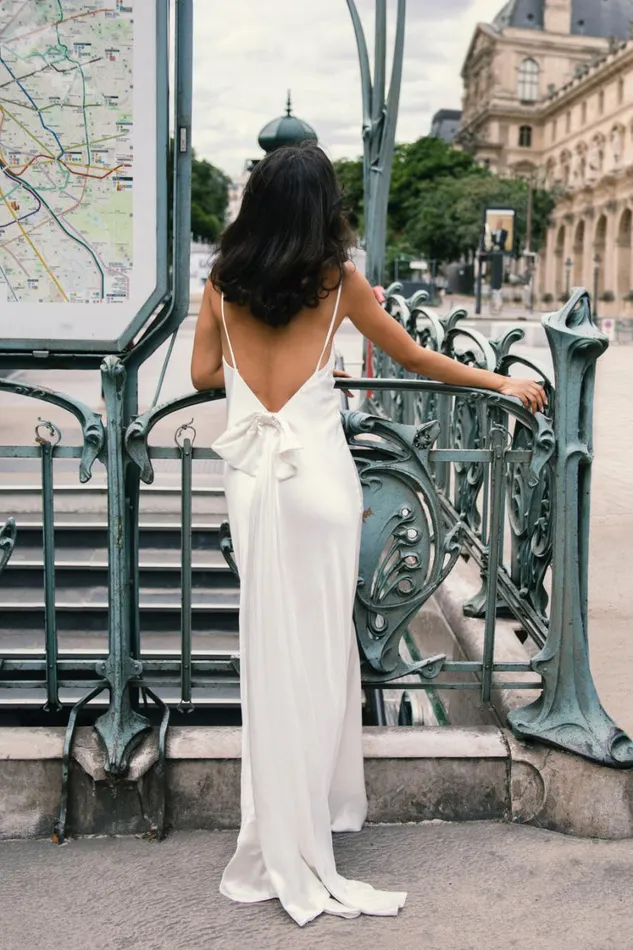 Women Meshki Dresses Kailey Low Back Maxi Dress With Detachable Bow Train 8211 White