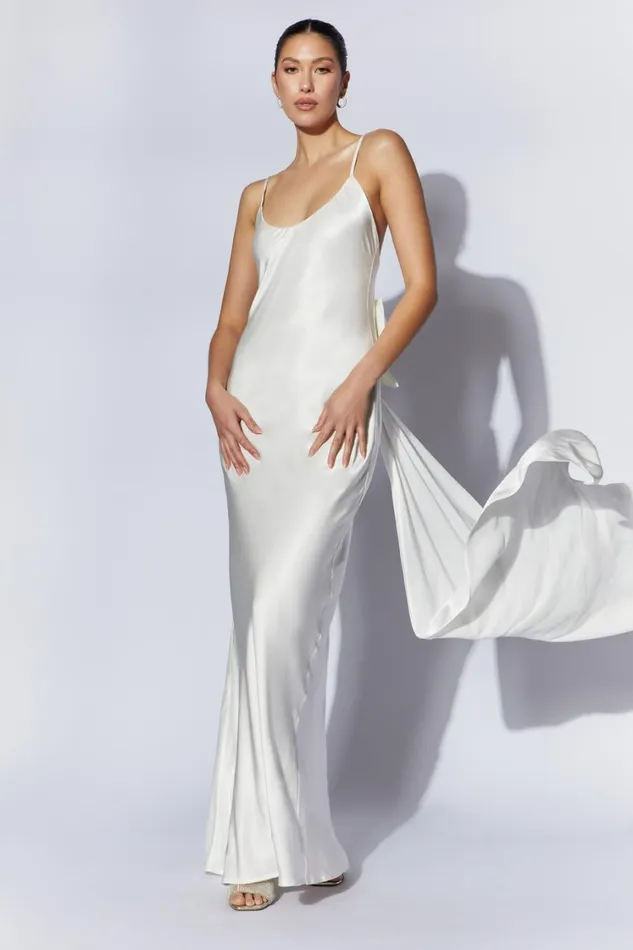 Women Meshki Dresses Kailey Low Back Maxi Dress With Detachable Bow Train 8211 White Women Meshki Dresses Kailey Low Back Maxi Dress With Detachable Bow Train 8211 White