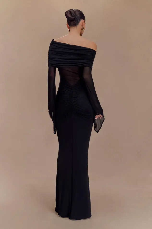 Women Meshki Dresses Kaitlin One Shoulder Slinky And Mesh Maxi Dress 8211 Black