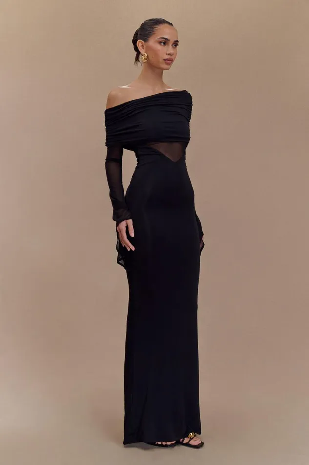 Women Meshki Dresses Kaitlin One Shoulder Slinky And Mesh Maxi Dress 8211 Black