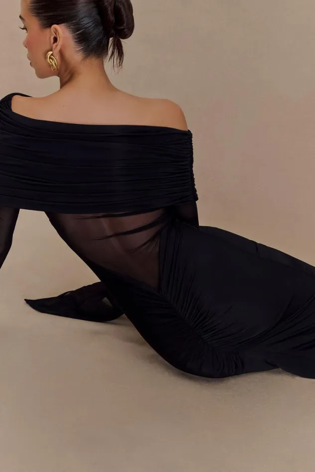 Women Meshki Dresses Kaitlin One Shoulder Slinky And Mesh Maxi Dress 8211 Black