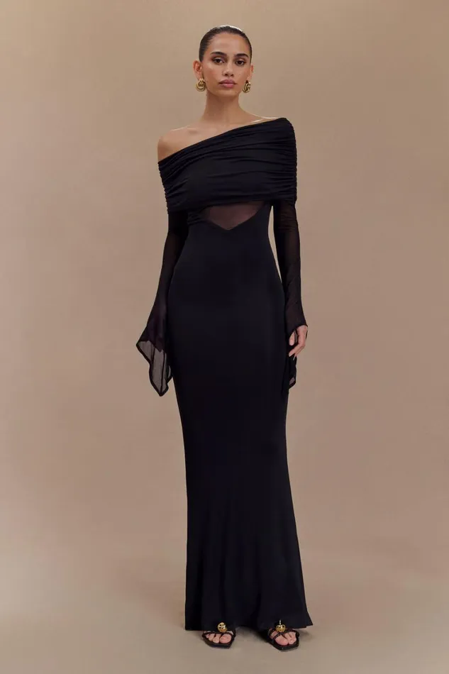 Women Meshki Dresses Kaitlin One Shoulder Slinky And Mesh Maxi Dress 8211 Black