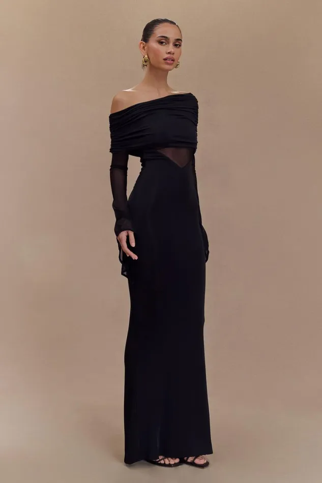 Women Meshki Dresses Kaitlin One Shoulder Slinky And Mesh Maxi Dress 8211 Black