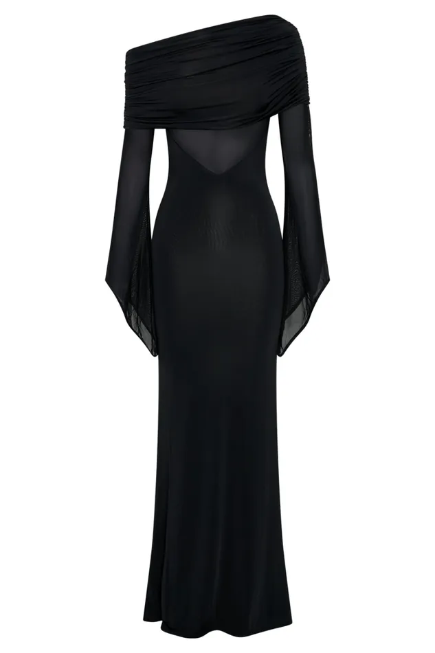 Women Meshki Dresses Kaitlin One Shoulder Slinky And Mesh Maxi Dress 8211 Black