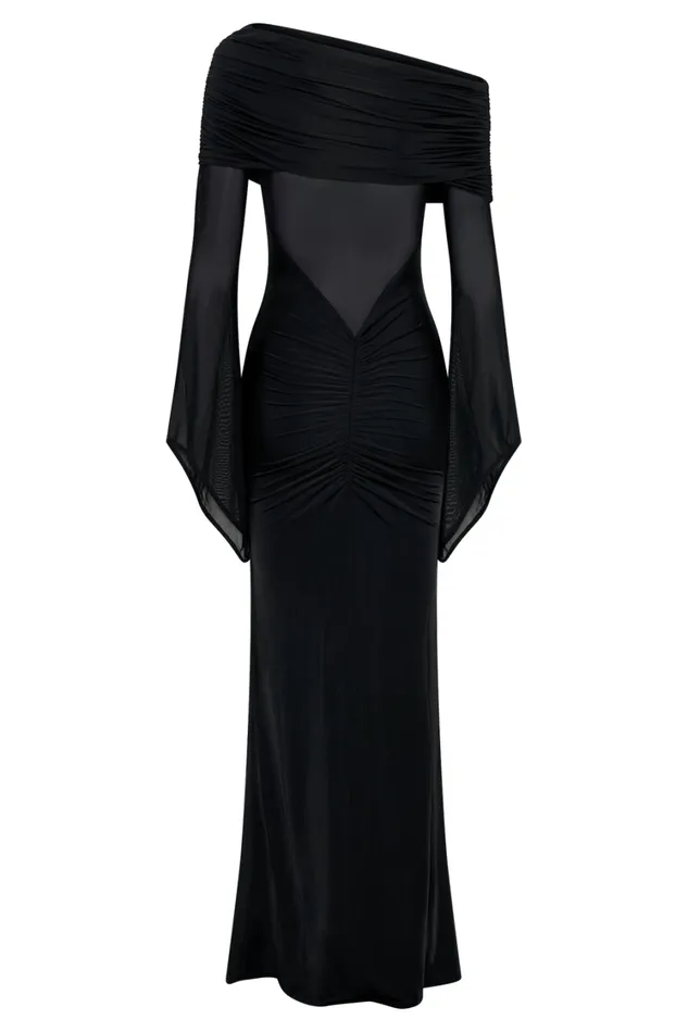 Women Meshki Dresses Kaitlin One Shoulder Slinky And Mesh Maxi Dress 8211 Black