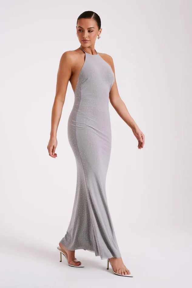 Women Meshki Dresses Kali Hot Fix Mesh Halter Maxi Dress 8211 Gunmetal