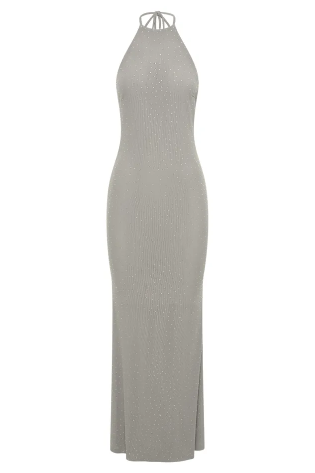 Women Meshki Dresses Kali Hot Fix Mesh Halter Maxi Dress 8211 Gunmetal