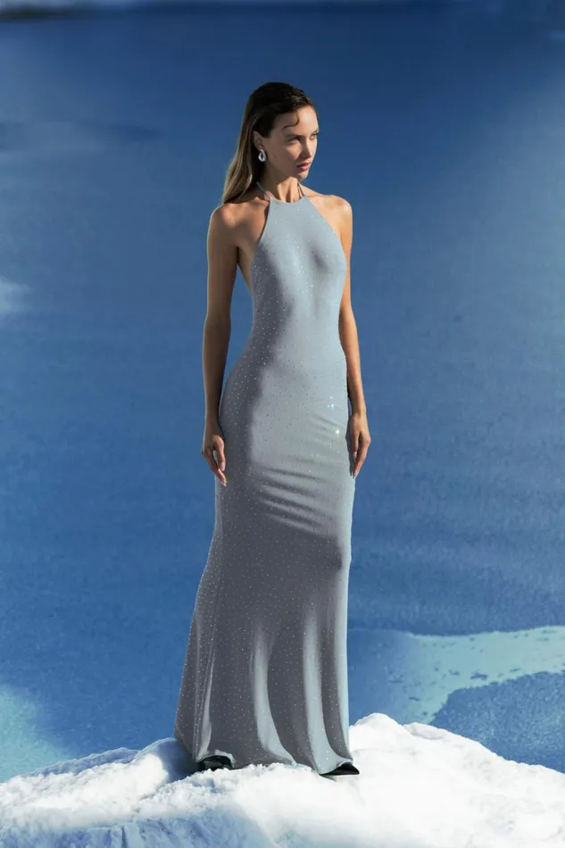 Women Meshki Dresses Kali Hot Fix Mesh Halter Maxi Dress 8211 Gunmetal