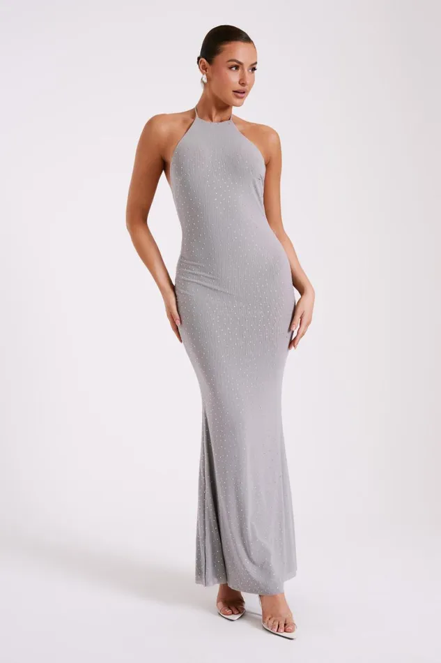 Women Meshki Dresses Kali Hot Fix Mesh Halter Maxi Dress 8211 Gunmetal