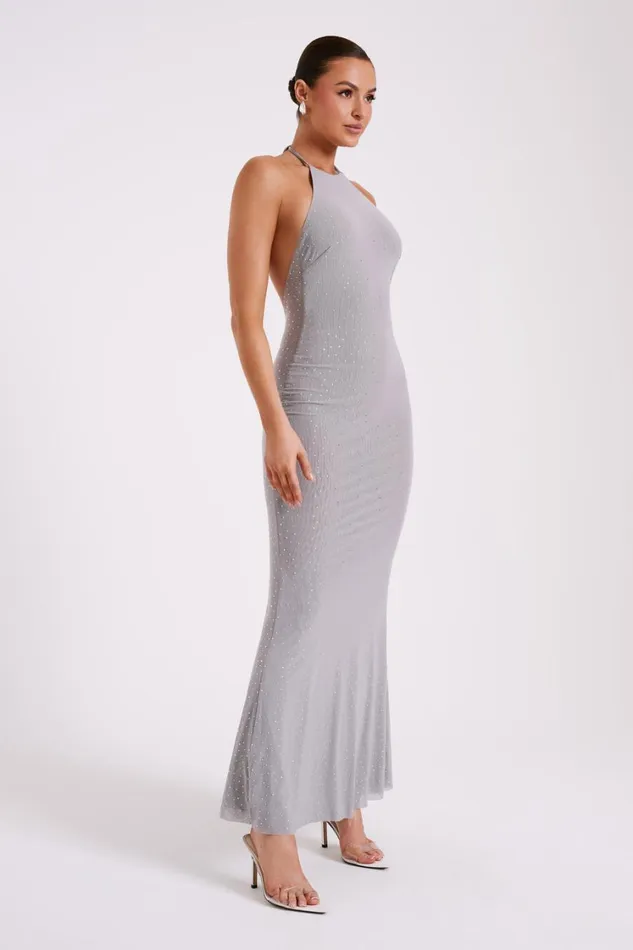Women Meshki Dresses Kali Hot Fix Mesh Halter Maxi Dress 8211 Gunmetal