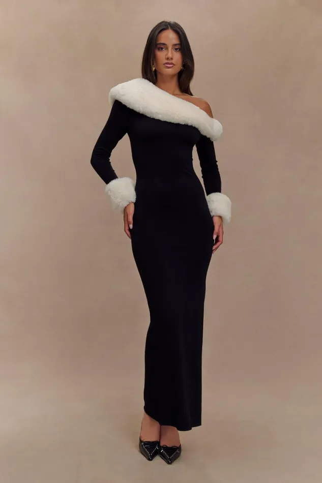 Women Meshki Dresses Karleigh Faux Fur Knit Maxi Dress 8211 BlackWhite