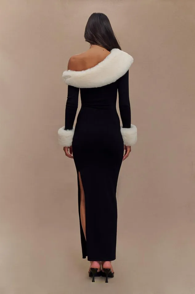 Women Meshki Dresses Karleigh Faux Fur Knit Maxi Dress 8211 BlackWhite