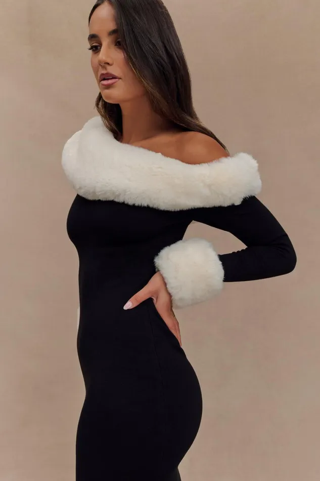 Women Meshki Dresses Karleigh Faux Fur Knit Maxi Dress 8211 BlackWhite