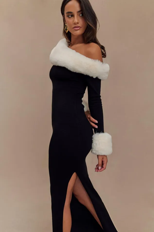 Women Meshki Dresses Karleigh Faux Fur Knit Maxi Dress 8211 BlackWhite