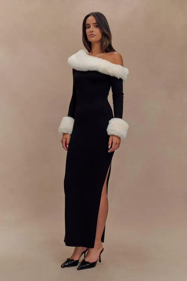 Women Meshki Dresses Karleigh Faux Fur Knit Maxi Dress 8211 BlackWhite