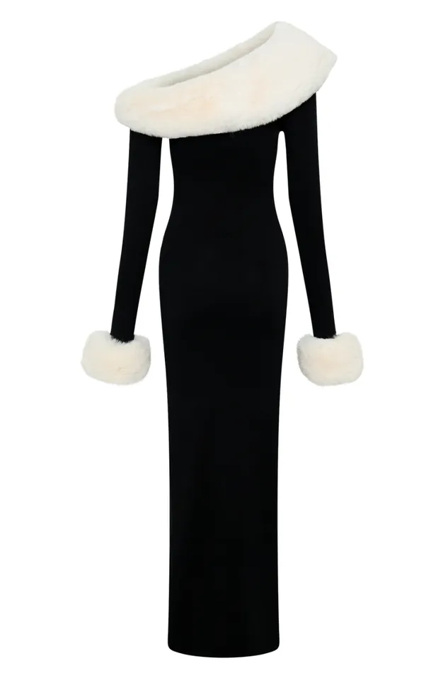 Women Meshki Dresses Karleigh Faux Fur Knit Maxi Dress 8211 BlackWhite