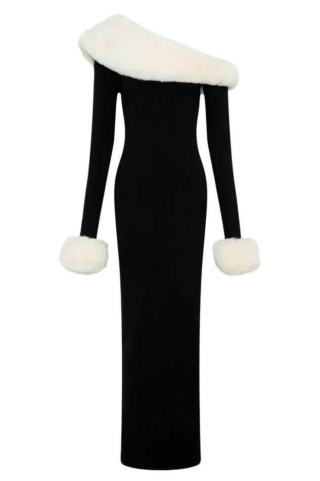 Women Meshki Dresses Karleigh Faux Fur Knit Maxi Dress 8211 BlackWhite