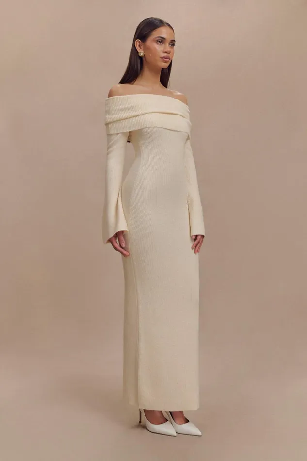 Women Meshki Dresses Katherine Off Shoulder Knit Maxi Dress 8211 Ivory