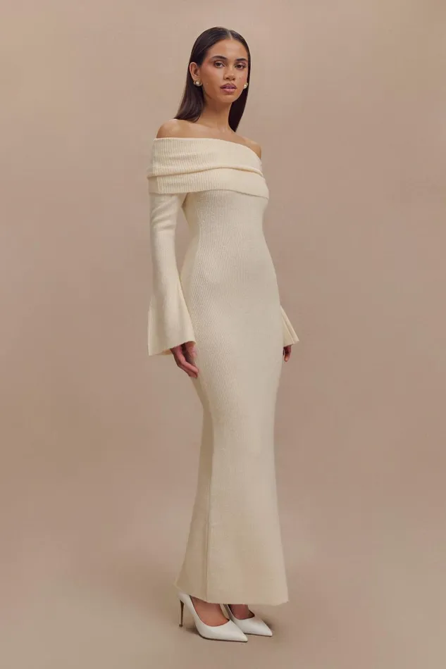 Women Meshki Dresses Katherine Off Shoulder Knit Maxi Dress 8211 Ivory