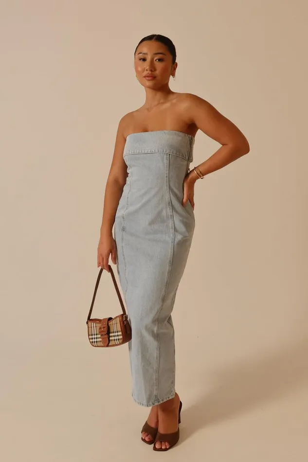 Women Meshki Dresses Katherine Strapless Denim Midi Dress 8211 Light Blue