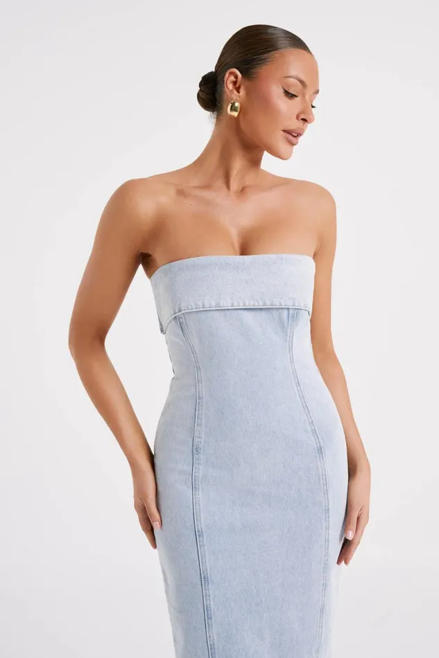 Women Meshki Dresses Katherine Strapless Denim Midi Dress 8211 Light Blue