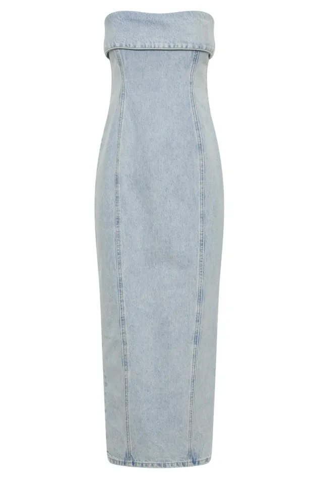 Women Meshki Dresses Katherine Strapless Denim Midi Dress 8211 Light Blue