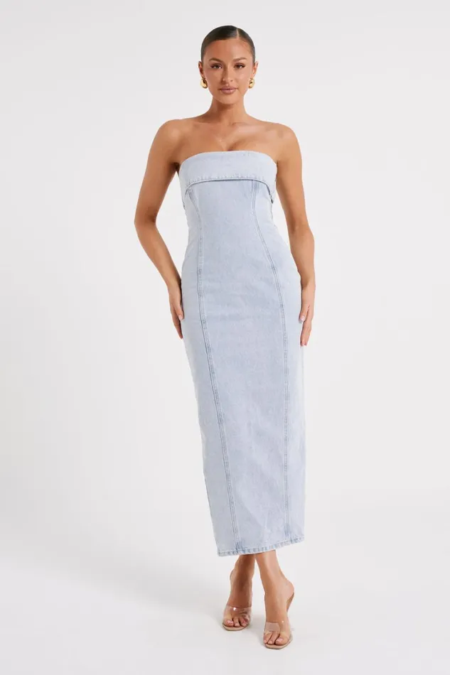 Women Meshki Dresses Katherine Strapless Denim Midi Dress 8211 Light Blue