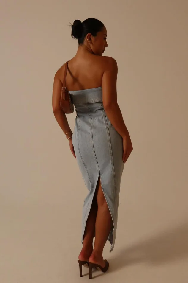 Women Meshki Dresses Katherine Strapless Denim Midi Dress 8211 Light Blue