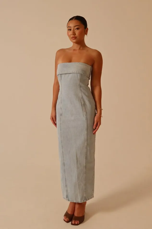 Women Meshki Dresses Katherine Strapless Denim Midi Dress 8211 Light Blue
