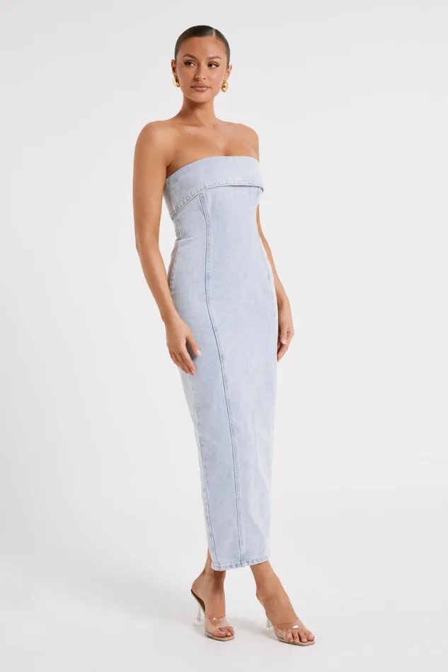 Women Meshki Dresses Katherine Strapless Denim Midi Dress 8211 Light Blue