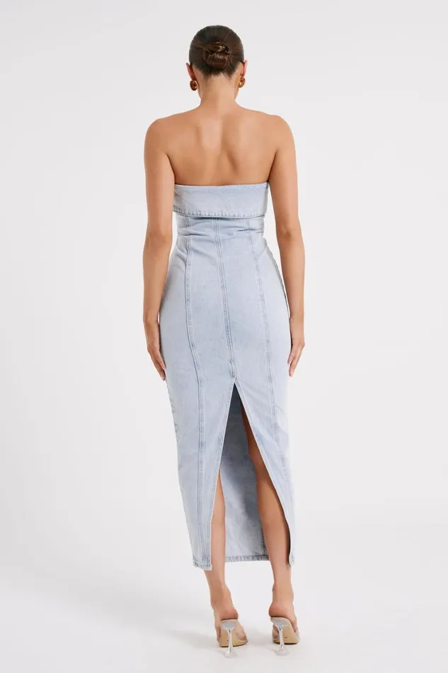 Women Meshki Dresses Katherine Strapless Denim Midi Dress 8211 Light Blue