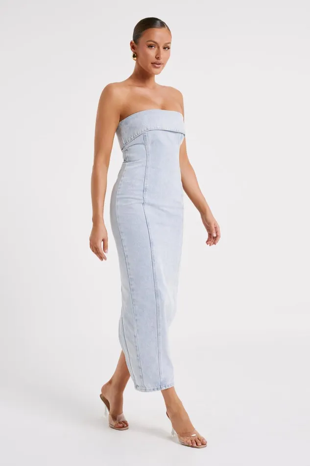 Women Meshki Dresses Katherine Strapless Denim Midi Dress 8211 Light Blue