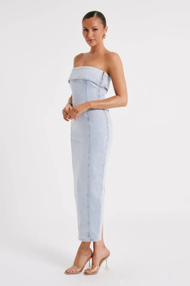 Women Meshki Dresses Katherine Strapless Denim Midi Dress 8211 Light Blue