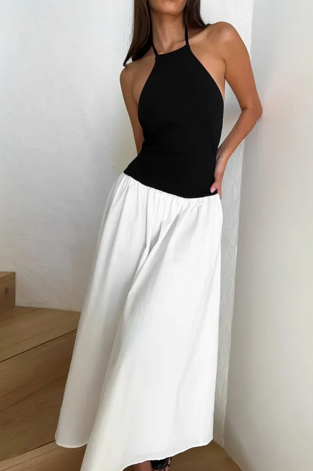 Women Meshki Dresses Katie Knit And Linen Midi Dress 8211 BlackWhite