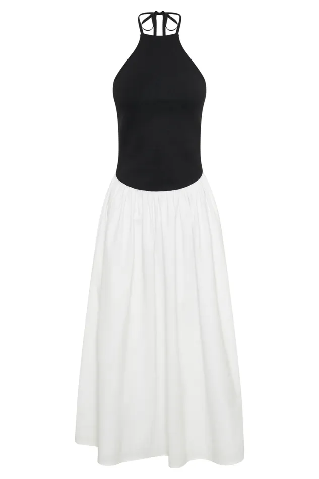 Women Meshki Dresses Katie Knit And Linen Midi Dress 8211 BlackWhite