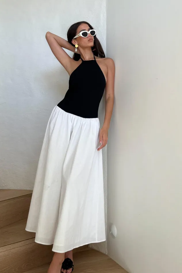 Women Meshki Dresses Katie Knit And Linen Midi Dress 8211 BlackWhite