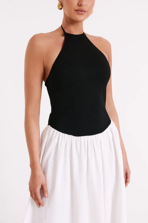 Women Meshki Dresses Katie Knit And Linen Midi Dress 8211 BlackWhite