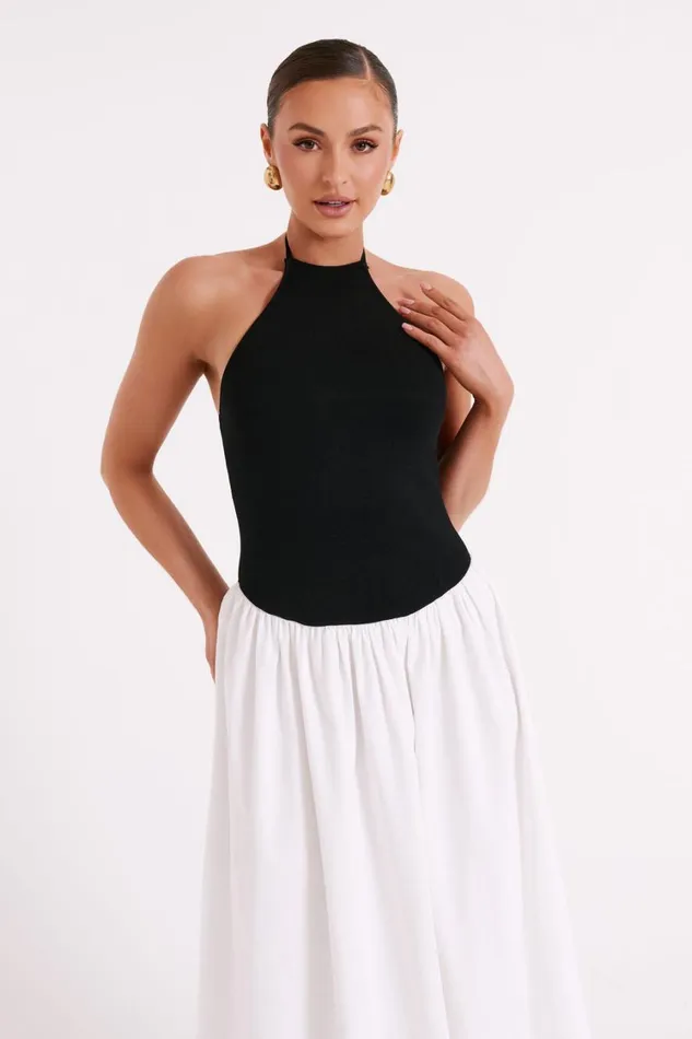 Women Meshki Dresses Katie Knit And Linen Midi Dress 8211 BlackWhite