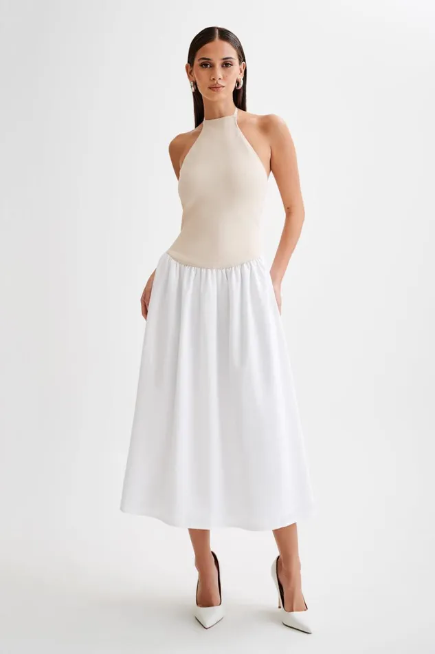 Women Meshki Dresses Katie Knit And Linen Midi Dress 8211 NaturalWhite